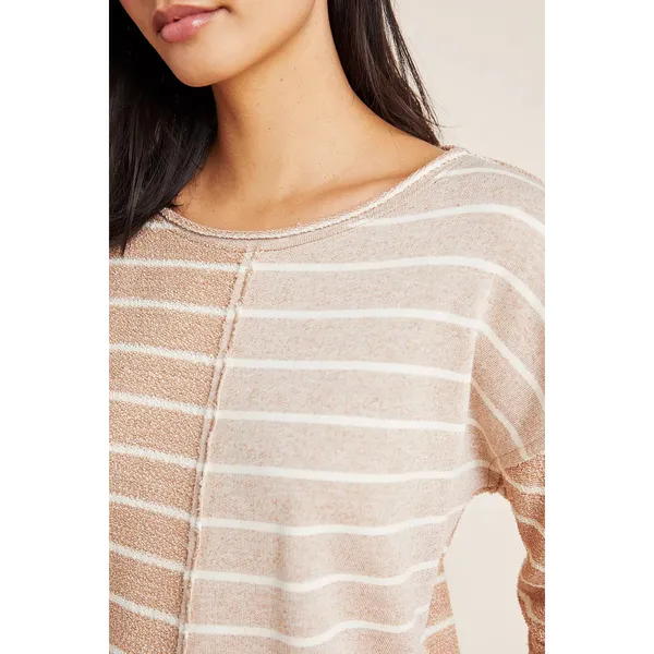 Anthropologie Womens Sweatshirt‎ Size XS Devin Textured Striped Tan Cream - Image 2
