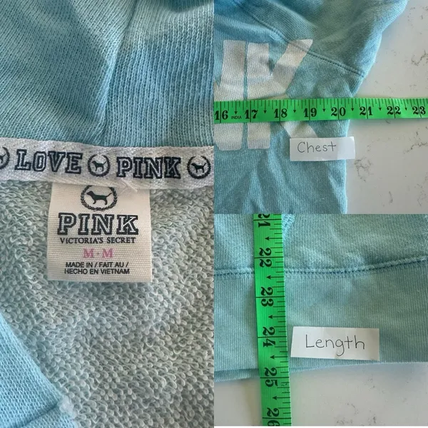 PINK Victorias Secret Deep V-neck Terry Cloth Hoodie Medium Logo Aqua‎ Blue Soft - Image 3