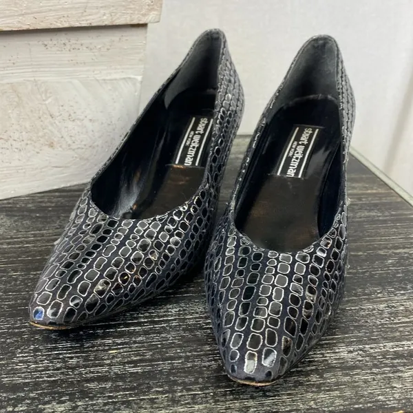 Stuart Weitzman Black & Silver Print Point Toe Pump Kitten Heel Shoes 7.5 - Image 3