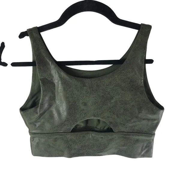 Aerie Offline Dark Green Distressed Faux Leather Sports Bra Keyhole Back S - Image 2