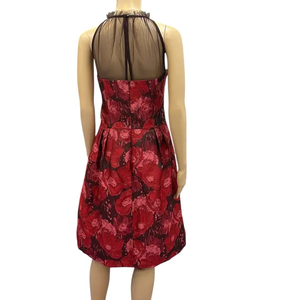 Maggy London Red Jacquard Cocktail Wedding Guest Illusion Yoke Dress Womens 16 - Image 2