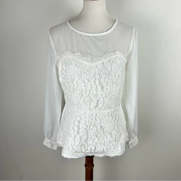 New York & Company White Lace Sheer Long Sleeve Blouse Small - Image 11