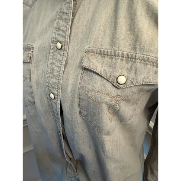 Lauren Ralph Lauren Khaki Beige Denim Western Yoke Pearl Snap Embroidered Top - Image 3