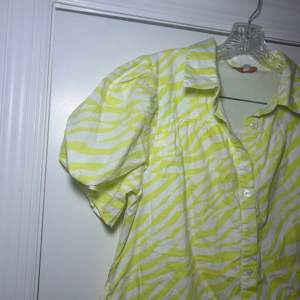 Skies Are Blue Yellow Zebra Print Cotton Midi Dress Puff Sleeve Button Front L - Image 2