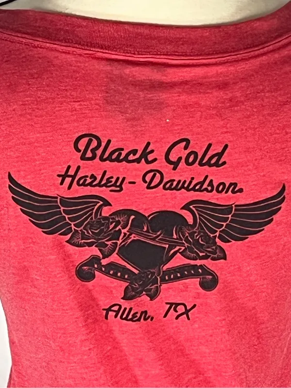 Harley Davidson Black Gold Allen TX Flame Script Women’s V-Neck Shirt Medium - Image 5