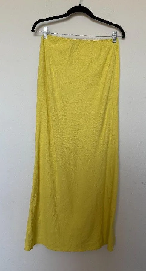 Yellow Linen Maxi Skirt High Slit - Image 3
