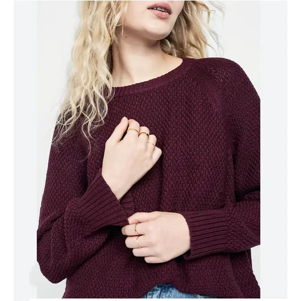 Old Navy Textured Knit Tunic Sweater Women S Burgundy Cotton Crew Cozy Relaxed - Image 3