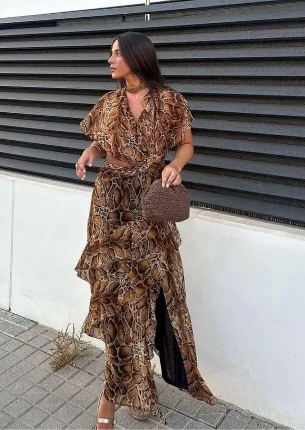 Zara maxi dress snake animal print mesh ruffled boho western casual summer - Image 4