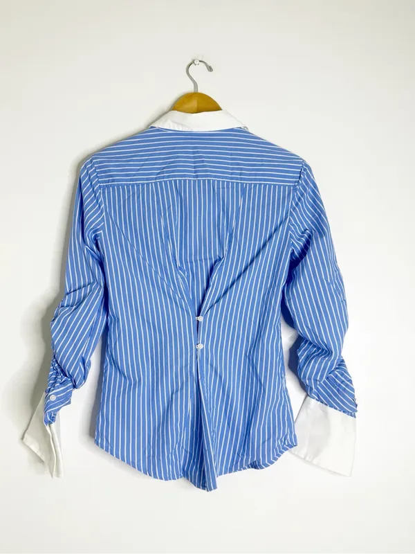 White House Black Market Striped Button Up Blouse Size 4 Ruched Sleeve - Image 7