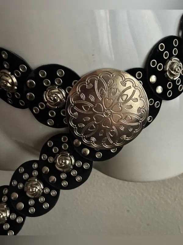 Vintage Wide Faux Leather Belt with Concho Discs Adjustable Roses Details - Image 3