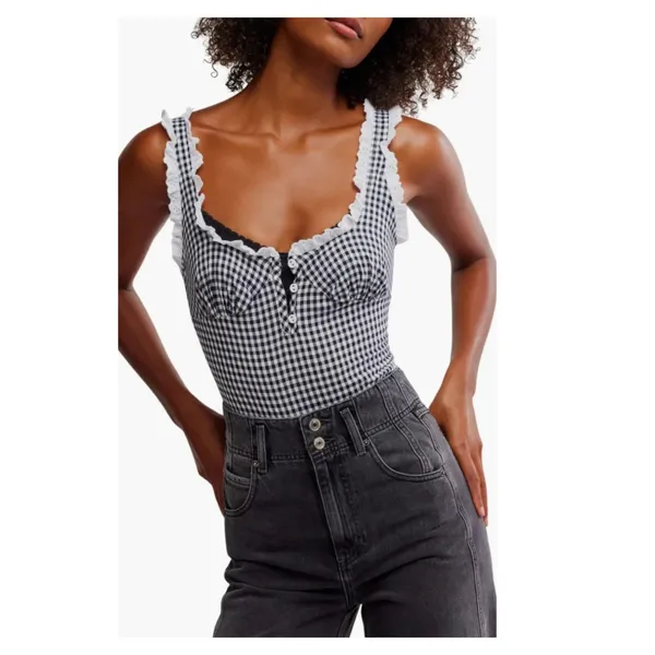 NEW Free People Cassie Gingham Ruffle Bodysuit Size Large - Image 14