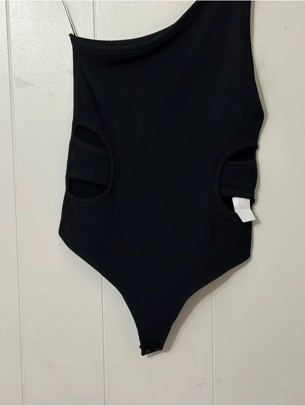 Abercrombie & Fitch One Shoulder Ribbed Bodysuit Black Cutout Sz L Soft Seamless - Image 3