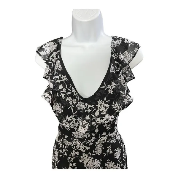 Banana Republic Elegant Ruffle Dress Black/White Floral print Size 4 Asymmetric - Image 3