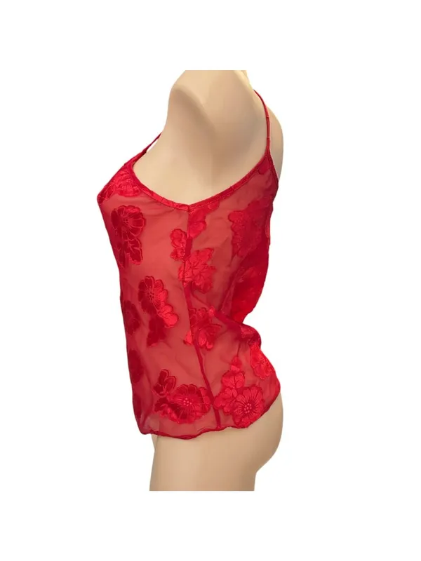 Vintage Elena Intimates Sheer Red Floral Embroidered Camisole Size Small - Image 2