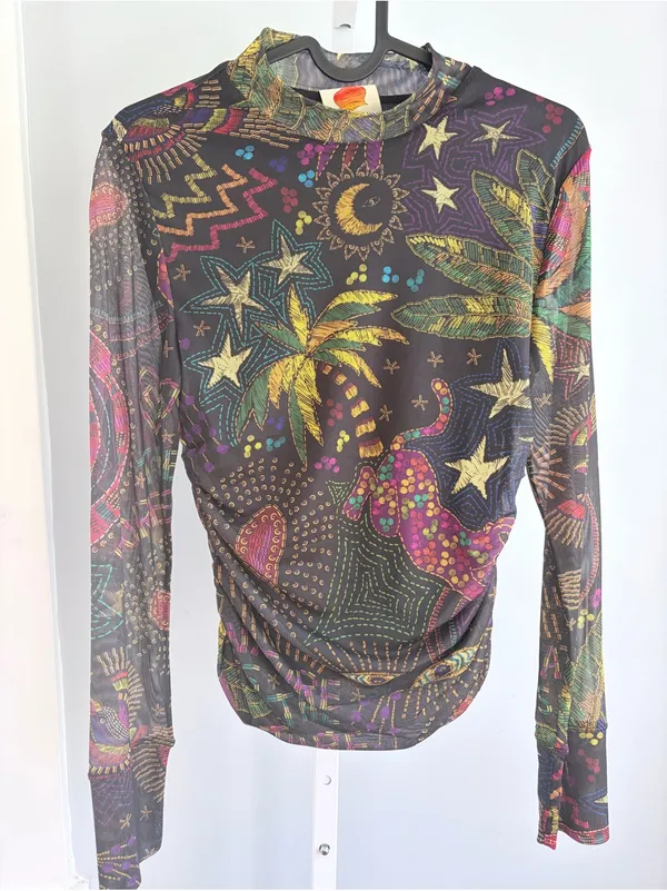 Farm Rio Amazonia Tulle Blouse Multicolor Sheer Mock Neck Size S - Image 2