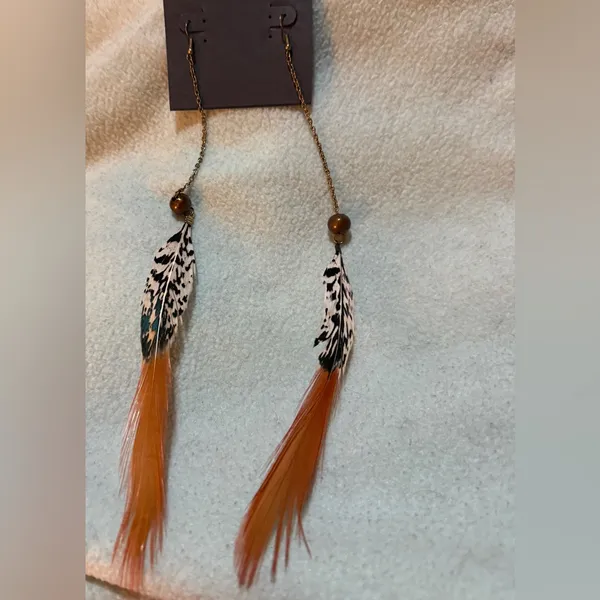 Feather Drop Earrings with Orange and Black Accents - Image 2