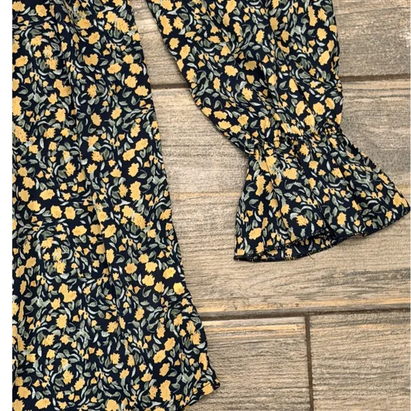 Missguided‎ Milkmaid Shirred Bust Mini Floral Dress Yellow Navy SZ 2 Cottagecore - Image 6