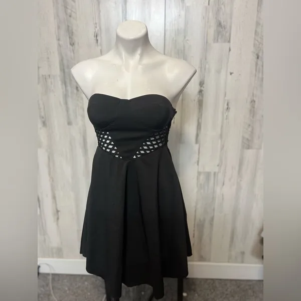 Black Strapless Skater Dress Cutout Waist Open Back Size S - Image 2