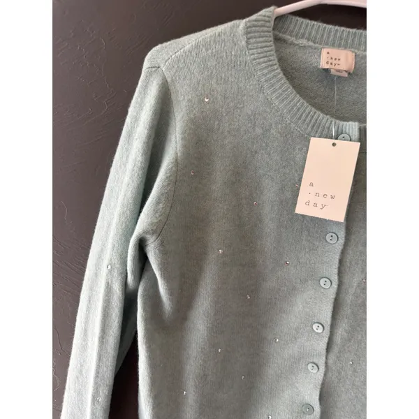 A New Day Women XS Blue Rhinestone Embellished Button Front Cardigan Sweater - Image 2
