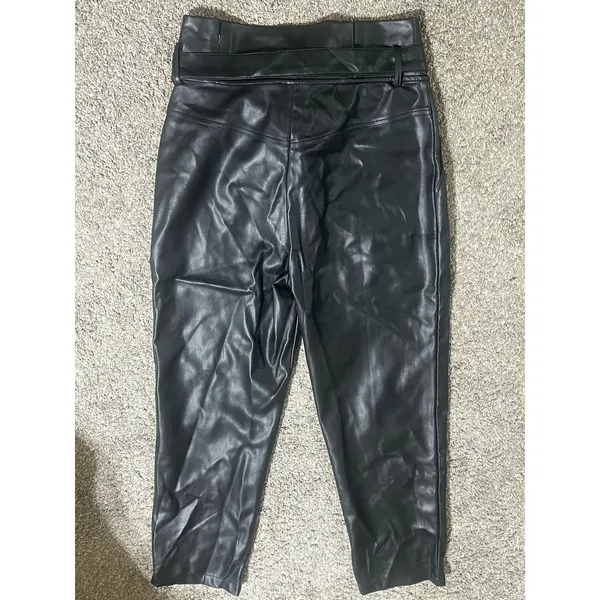 Lucy Paris Womens Faux Leather Paperbag-Waist Pants Black Belted Size Small - Image 4