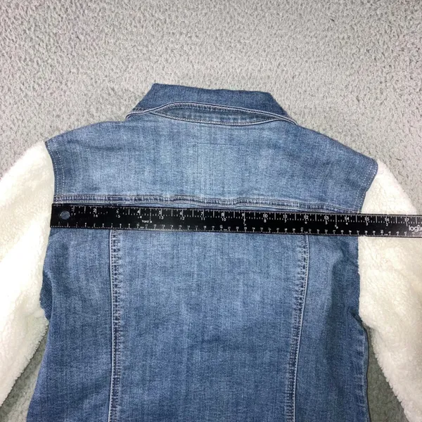 GBG Denim Jacket Sherpa Sleeve Womens S Trucker Blue Two Tone Cozy Cabin Fall - Image 16