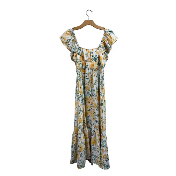 Rachel Zoe Yellow Floral Ruffle Midi Dress Smocked Waist Pockets Womens‎ Size M - Image 3