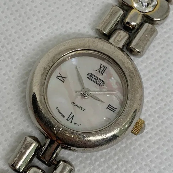 Vintage Regent watch women silver tone 24mm mop dial rhinestones size 7” running - Image 3