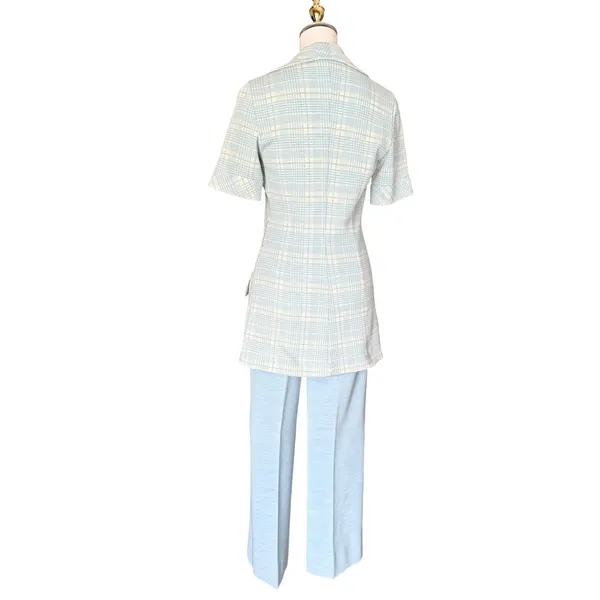 Vintage 70s‎ Light Blue Plaid Safari Womens Suit Act iii - Image 8