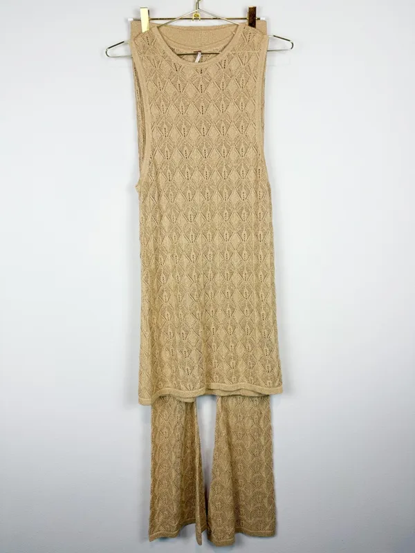 Free People Take Me Out Co-Ord Gold Metallic‎ Knit 2 Piece Set Flared Leg Small - Image 2
