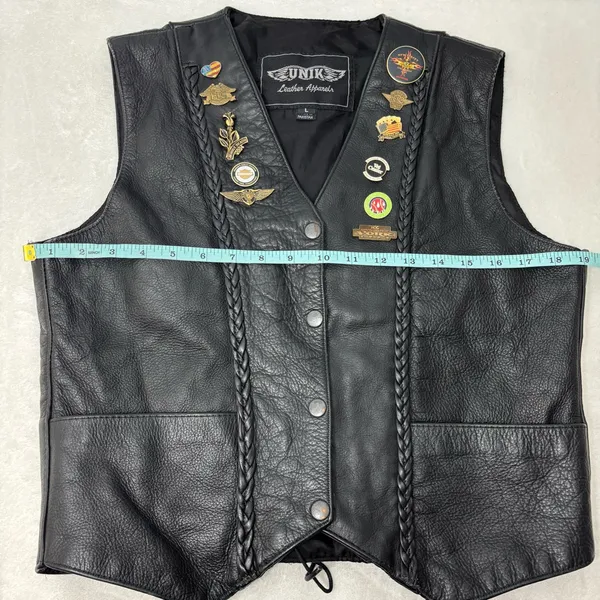 Unik Vintage Motorcycle Black Leather Vest with Unique Pins Size L‎ - Image 13