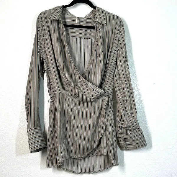 L Free People Wrap Top Arlo Wrap Satin Blouse office wear corporate Long Sleeve - Image 2