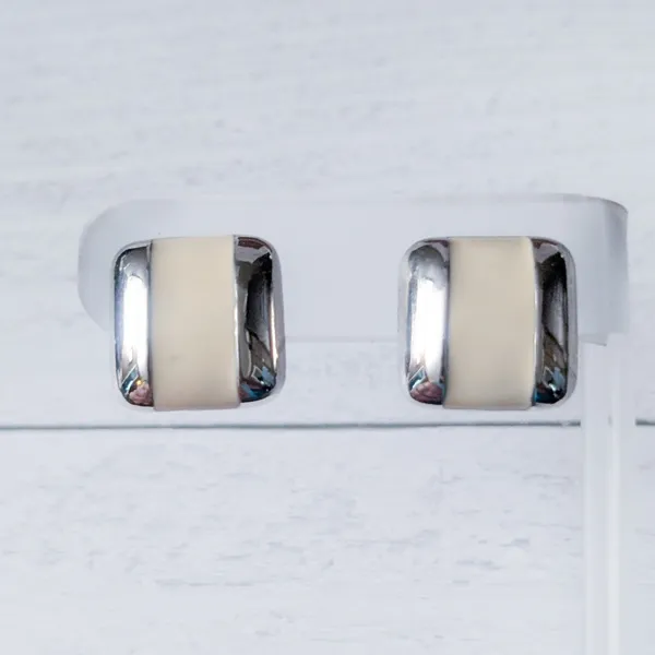 Vintage Stud Earrings Silver Tone & Cream Enamel Square - Image 4