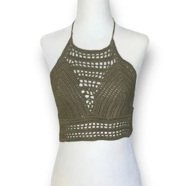 Charlotte Russe Crochet Knit Halter Olive Green Open Back Festival Crop Top‎ Small Forrest Fairy - Image 2
