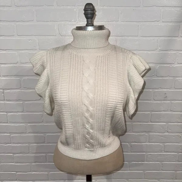 Elegant Off-White/Ivory Cable Knit Ruffle Sleeve Turtleneck Sweater - Image 4
