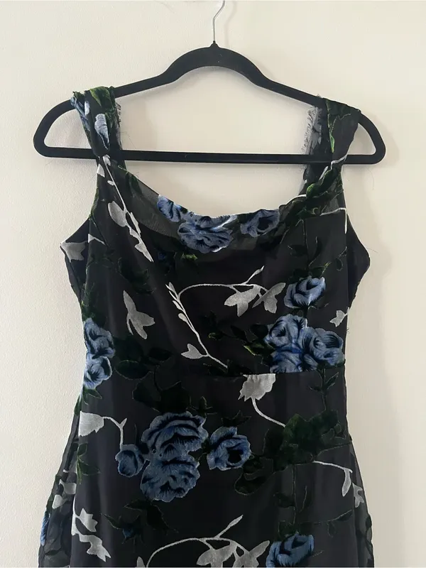 Lulus Black Blue Floral Velvet Burnout Midi Dress Small Romantic Wedding Guest - Image 2