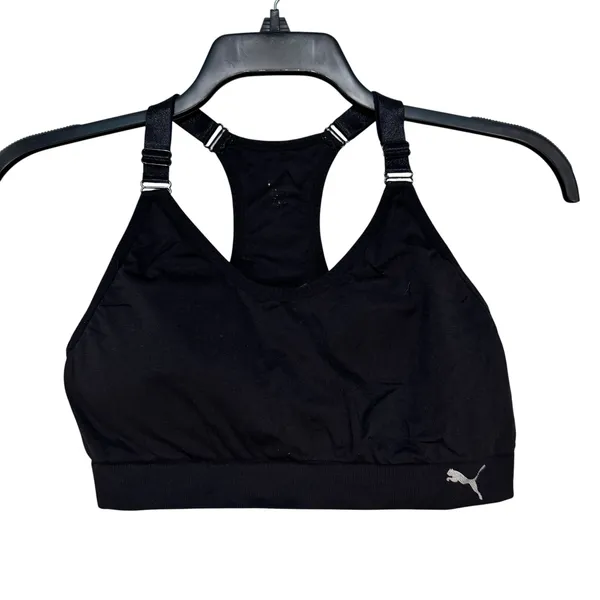 Puma‎ Womens Black Racerback Sports Bra Adjustable Straps Silver Logo Activewear - Image 2