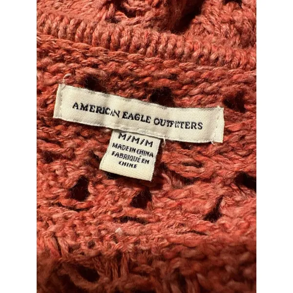 AMERICAN EAGLE Open Knit Crochet High‎ Low Sweater Size Medium Burnt Orange Y2K - Image 7