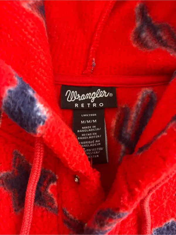 Wrangler Red Hooded Fleece Pullover with Navy Western print - Image 2