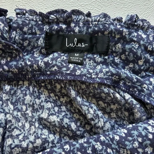 Lulus Floral Tiered Mini Dress Women’s Size M Navy Blue Ruffle Strappy - Image 3
