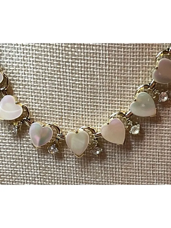 Vintage 80s Gold Faux Mother of Pearl Lucite Heart Rhinestone Choker Necklace - Image 3