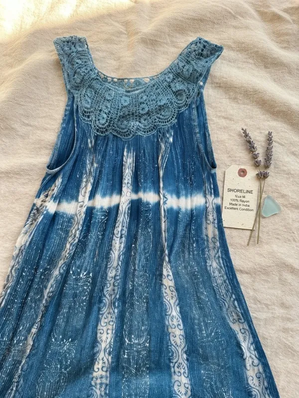 Shoreline Blue Tie-Dye Crochet Trim Sundress Size M - Image 2