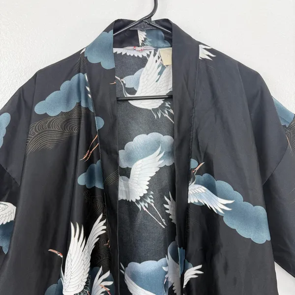 Marukyo Kimono Womens OS Black Crane Cloud Print Open Front Wide Sleeve Robe - Image 2