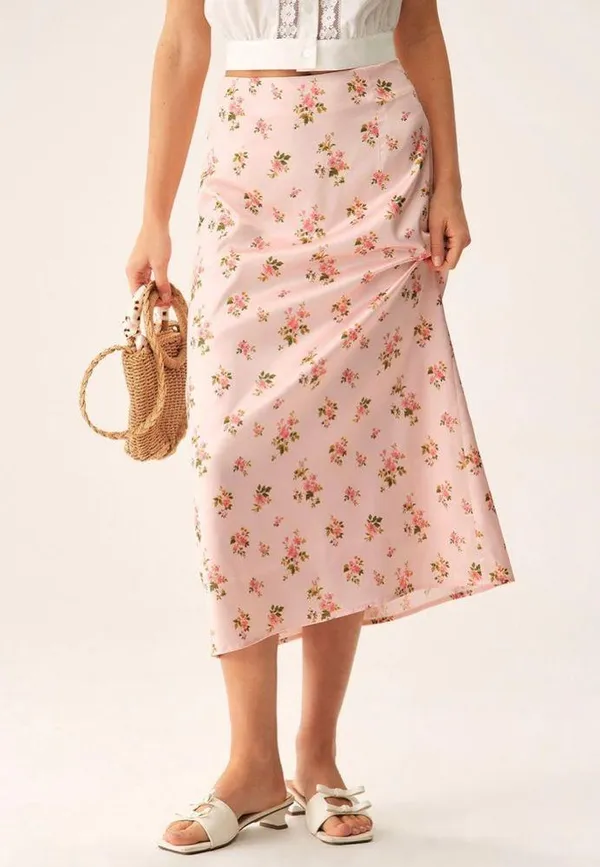 Rihoas Pink Floral Satin Straight Midi Skirt - Image 3