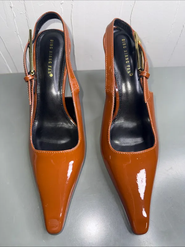 Ding Xiang Pointed Patent Slingback Heels in Cognac by - Image 3