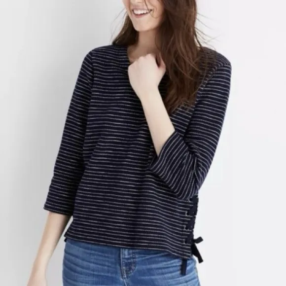 Madewell Striped Side-Lace Deep Navy and White Long sleeve Top - Image 3