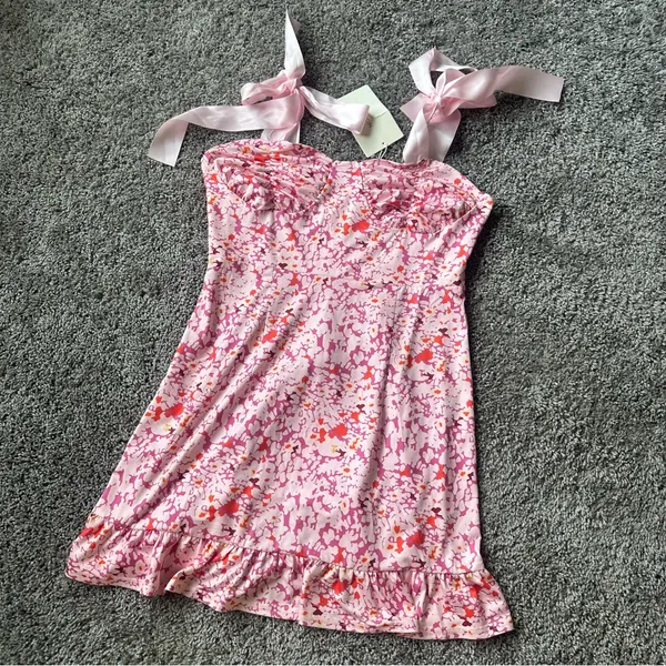 Floral Pink and Orange Dress with Ribbon Straps - Image 2