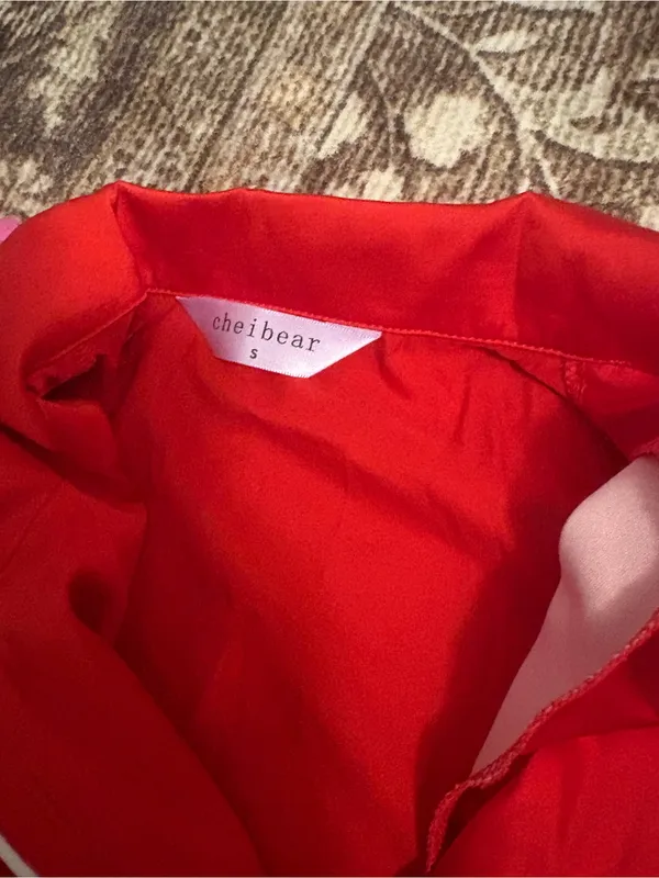 Red Satin Short-Sleeve Pajama Set with White Piping - Image 3