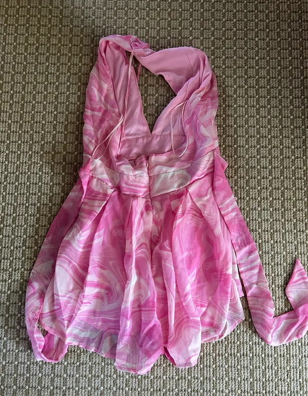 Charlotte Russe Chiffon Marble Print Cut-Out Self-Tie Halter Neck Romper - Image 5
