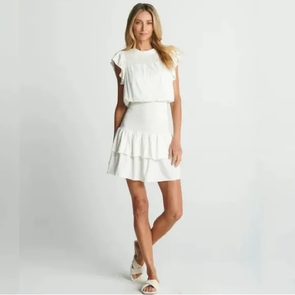 Anthropologie Sundays White Smocked Mini Dress Cotton Ruffle Sleeve - Size M - Image 9