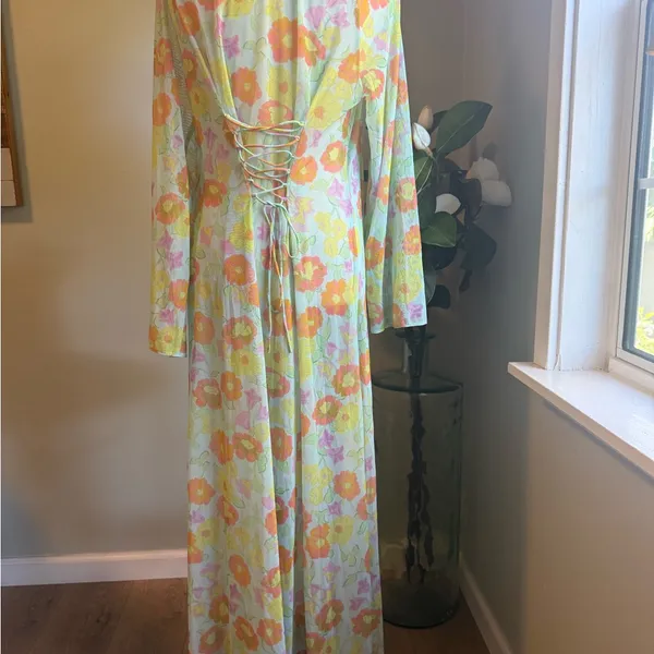 Savage X Fenty FREE SPIRIT FLORAL FULL-LENGTH‎ ROBE pink yellow small sheer NWT - Image 7